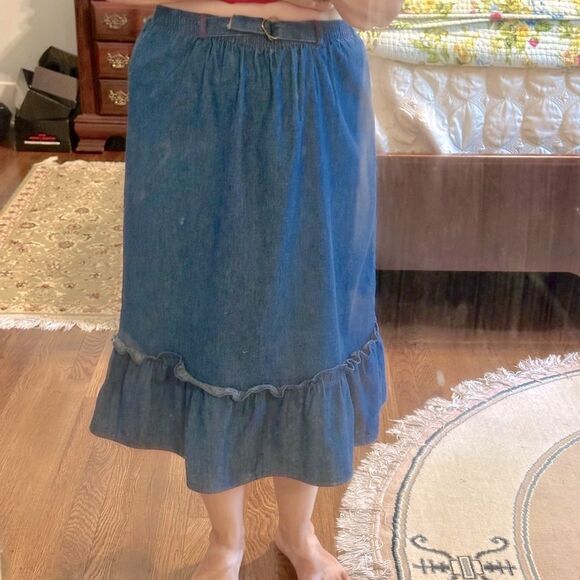 Vintage 70s Contemporary Corner Blue Denim Midi Skirt with Ruffle Hem - Picture 2 of 8